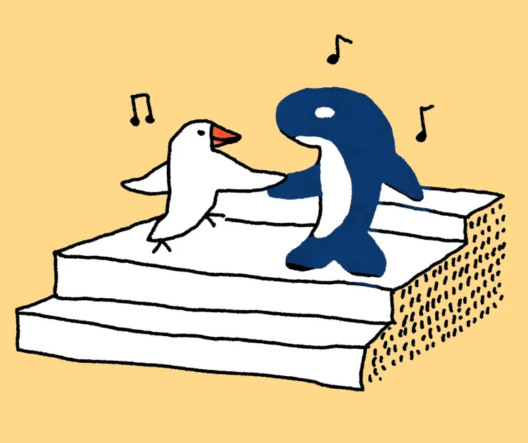 鯱と文鳥が握手を交わしているイラスト